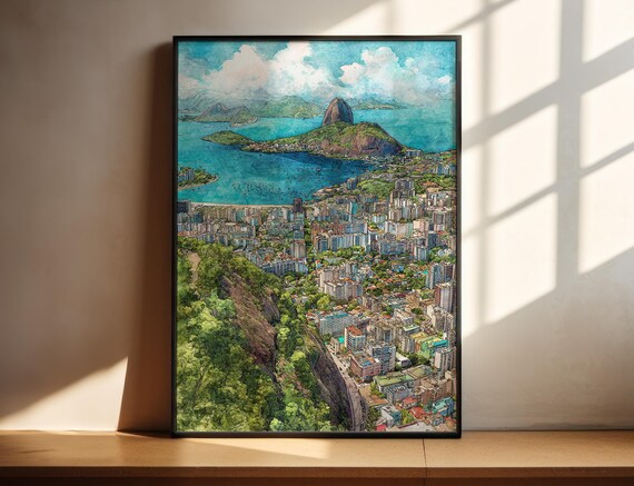 Rio de Janeiro Sugarloaf Mountain Bay Watercolor Cityscape Poster