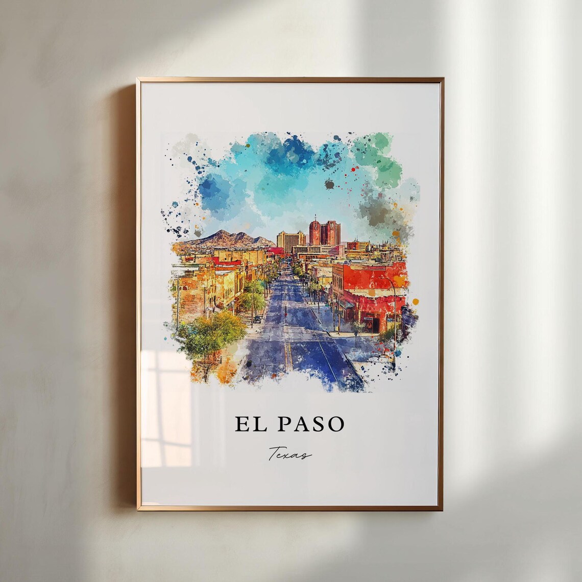 El Paso Texas Downtown Street Mountain Watercolor Travel Poster