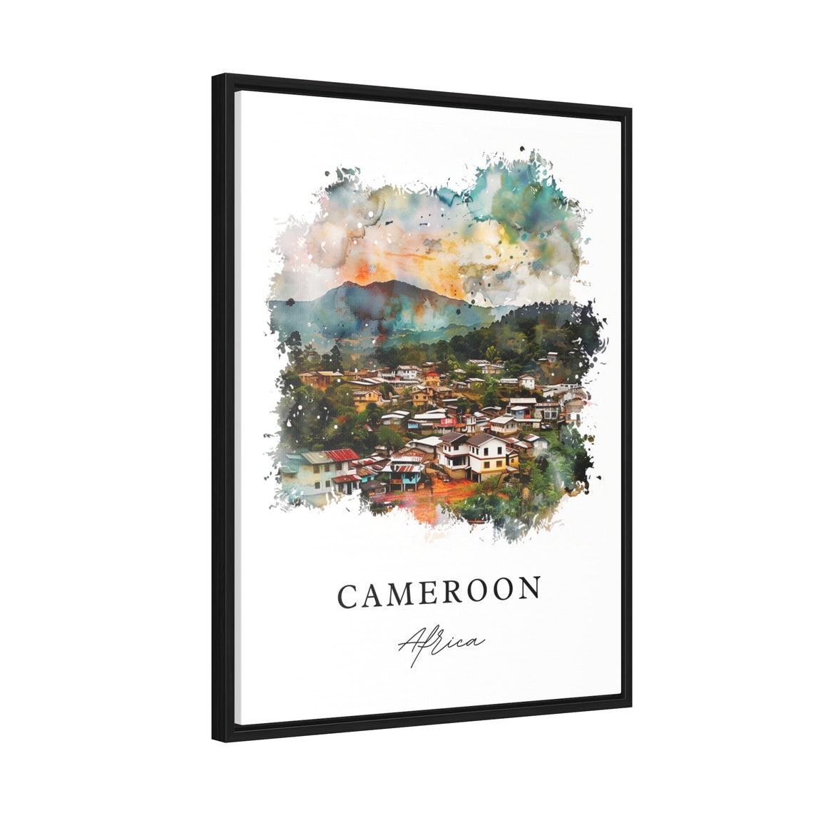 Cameroon Africa Watercolor Hillside Village Mountain Art Print - Image 2