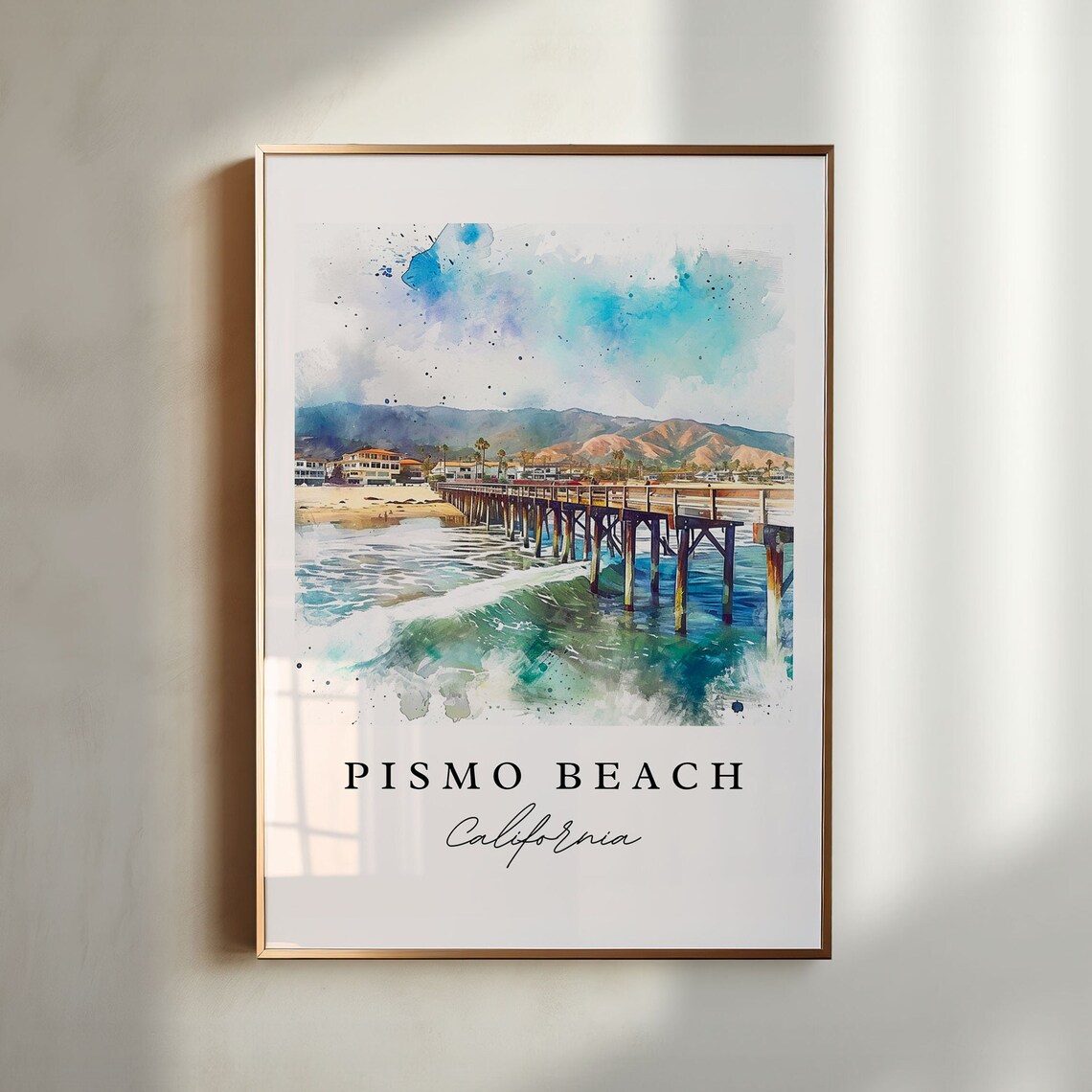 Pismo Beach California Pier Surf Watercolor Coastal Travel Art Poster