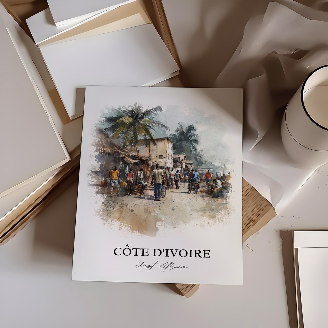 Côte d'Ivoire West Africa Market Street Watercolor Travel Poster - Image 2