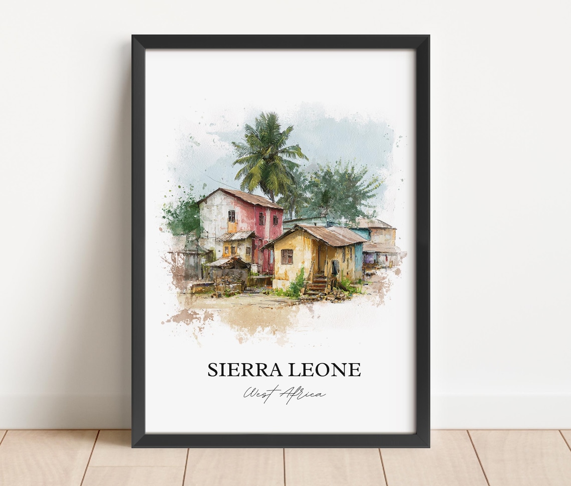Sierra Leone West Africa Village Palms Watercolor Travel Poster - Image 2