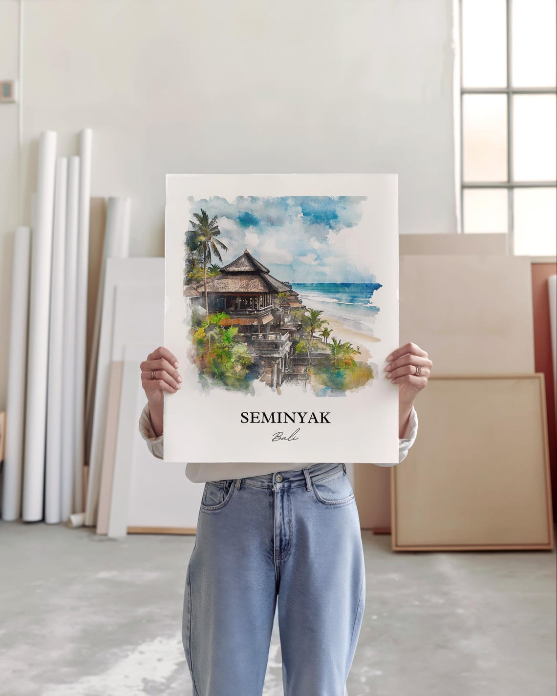 Seminyak Bali Watercolor Beach Temple Ocean Sunset Coast Poster - Image 4