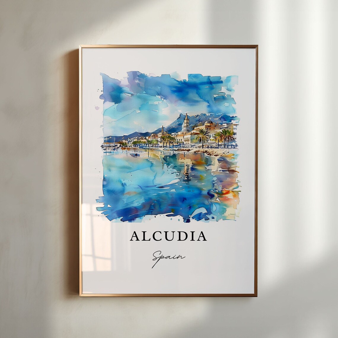 Alcudia Spain Mallorca Coastal Town Watercolor Bay Travel Art Poster