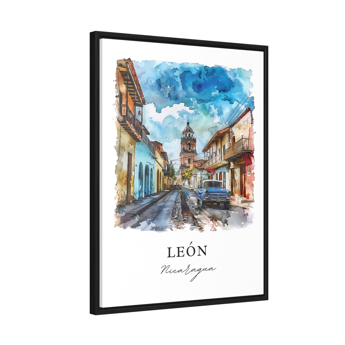 Leon Nicaragua Colonial Street Watercolor Old Town Church Poster - Image 2