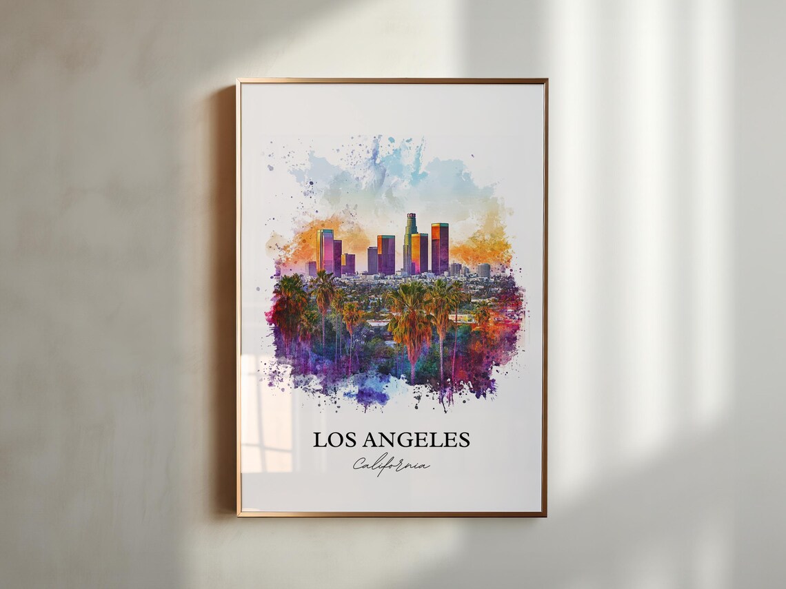 Los Angeles California Downtown Skyline Palms Watercolor Art Poster - Image 2