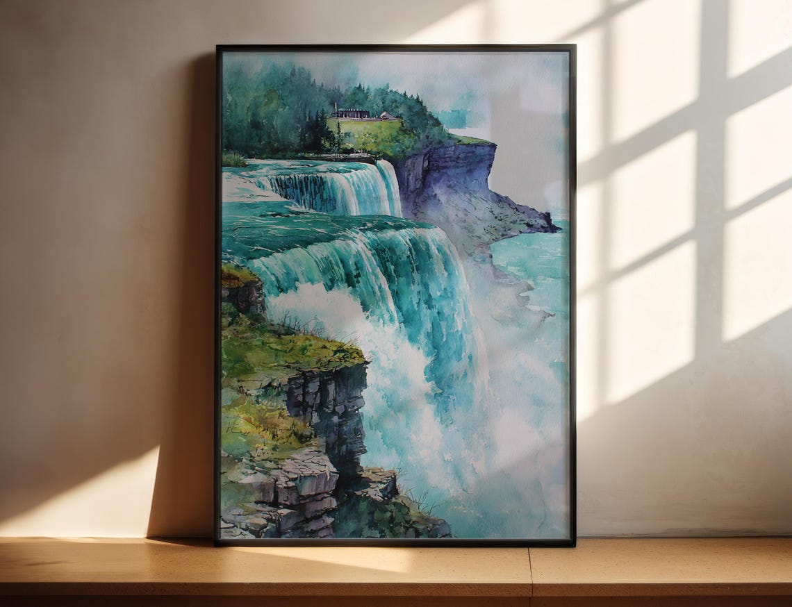 Niagara Falls Horseshoe Waterfall Teal Watercolor Travel Poster