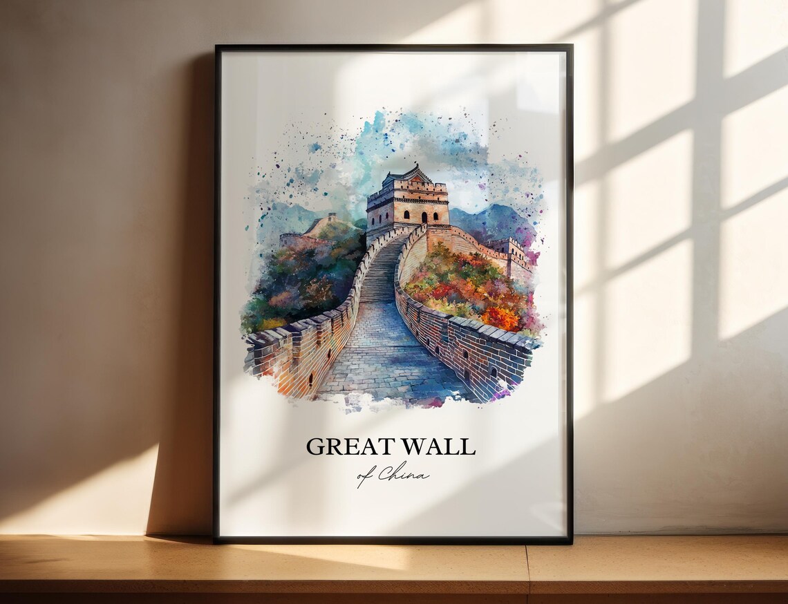 Great Wall of China Watchtower Mountains Watercolor Travel Poster