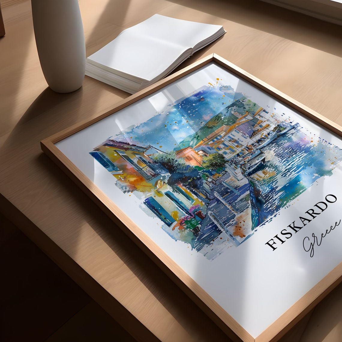 Fiskardo Greece Colorful Harbor Street Watercolor Travel Poster - Image 5