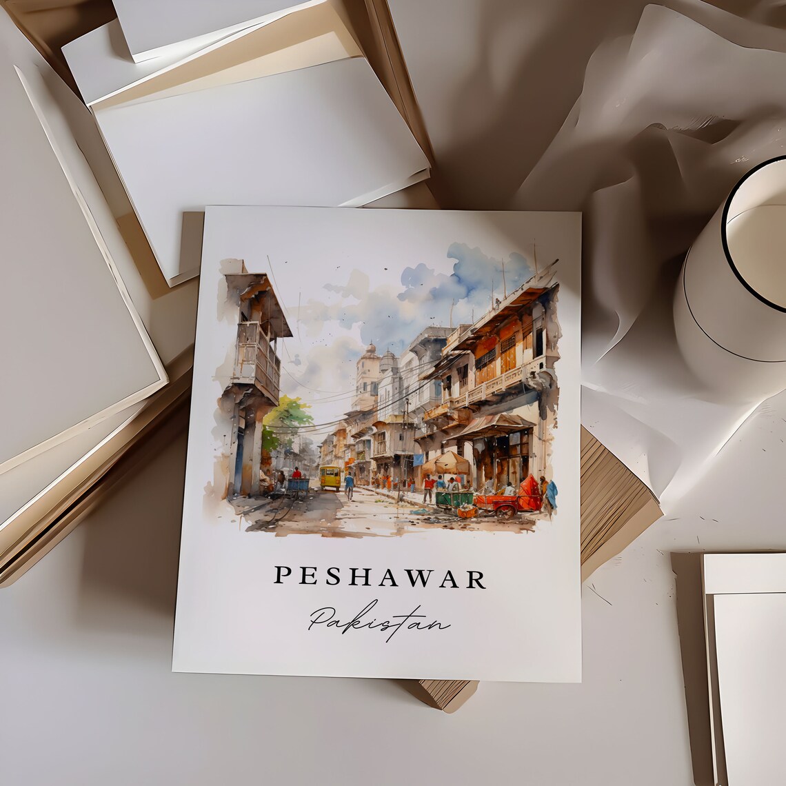 Peshawar Pakistan Watercolor Old City Bazaar Street Scene Poster - Image 6
