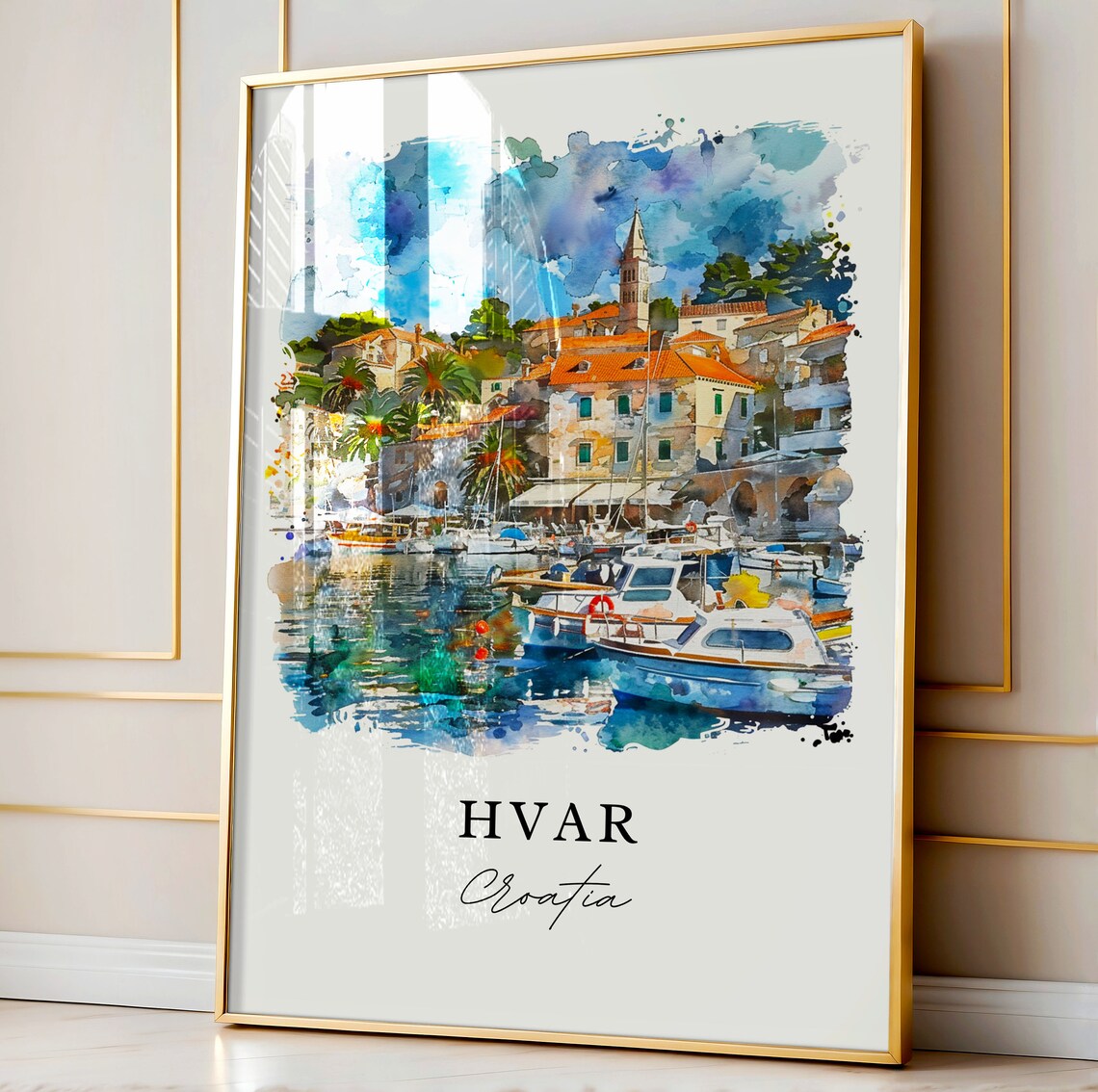 Hvar Croatia Marina Boats Watercolor Minimalist Travel Poster - Image 4