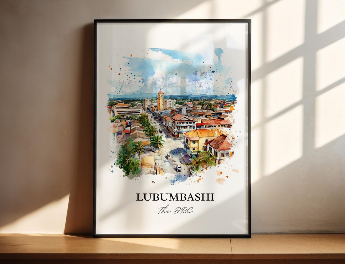 Lubumbashi Congo Watercolor City Clock Tower Gift Art Poster
