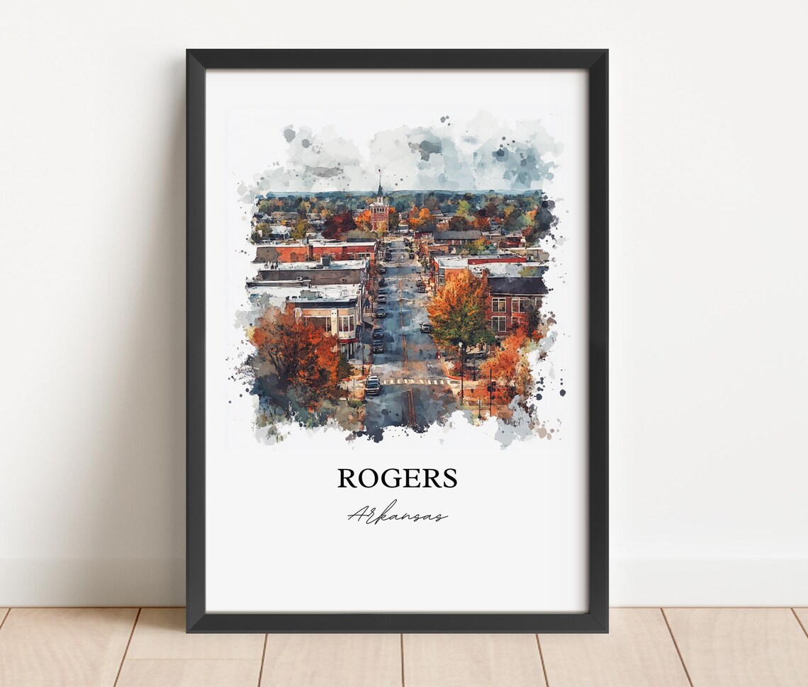 Rogers Arkansas Downtown Aerial Fall Watercolor Travel Poster