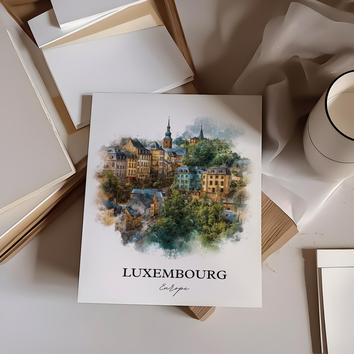 Luxembourg Old City Hillside Watercolor Europe Travel Poster - Image 3