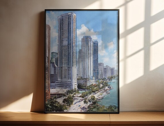 Miami Florida Skyline Waterfront Watercolor Travel Cityscape Art Poster