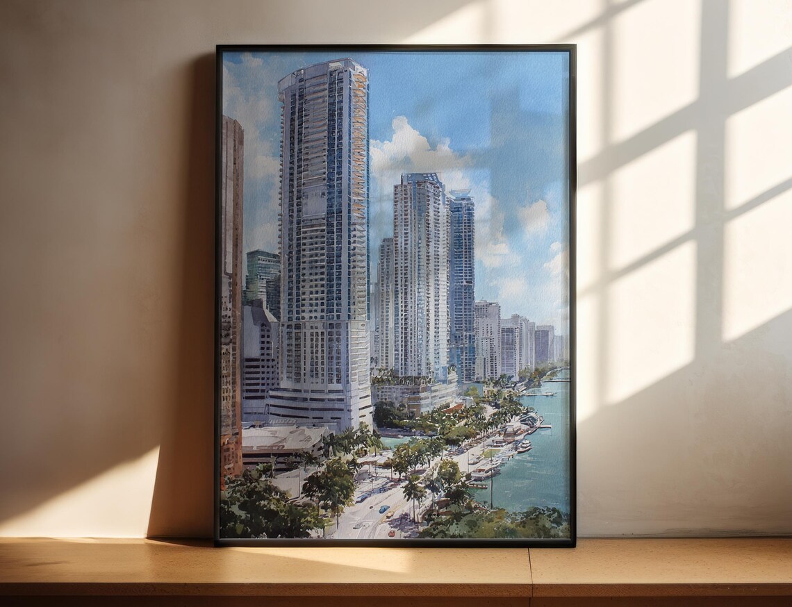 Miami Florida Skyline Waterfront Watercolor Travel Cityscape Art Poster