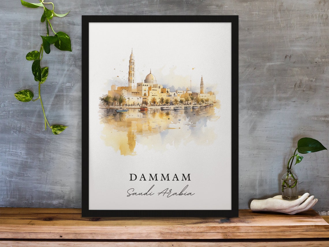 Dammam Saudi Arabia Watercolor Waterfront Mosque Reflection Poster