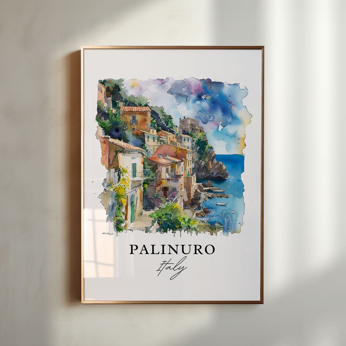 Palinuro Italy Cliffside Coastal Village Watercolor Sea Poster