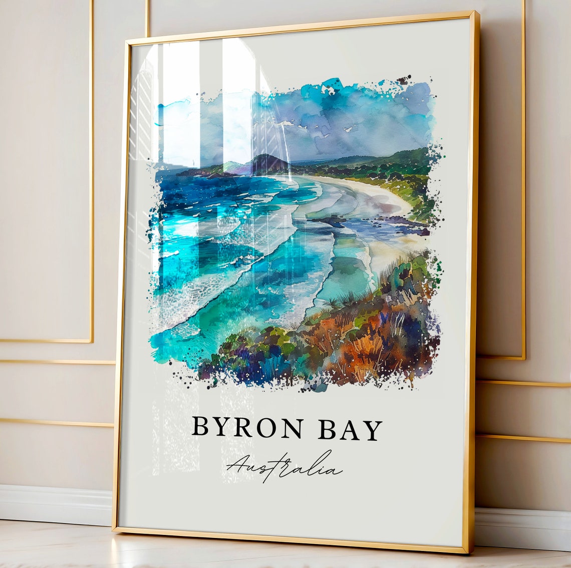 Byron Bay Australia Surf Beach Cliffs Watercolor Coastal Travel Poster - Image 4