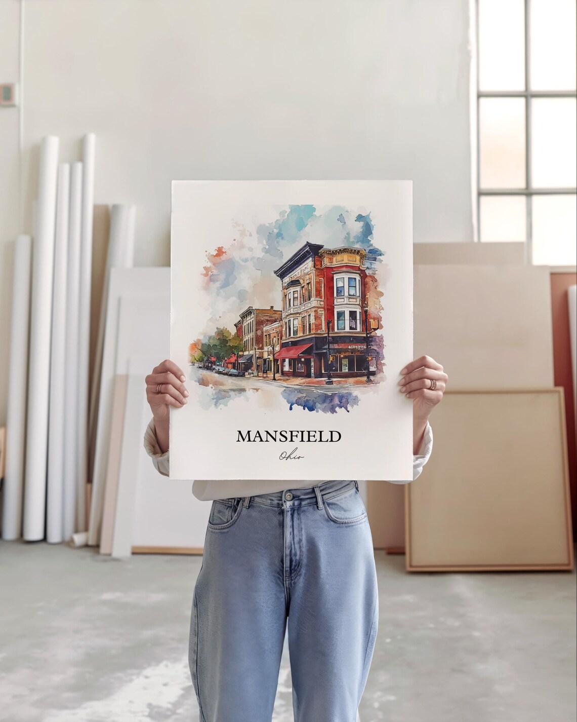 Mansfield Ohio Watercolor Historic Downtown Corner Buildings Poster - Image 3