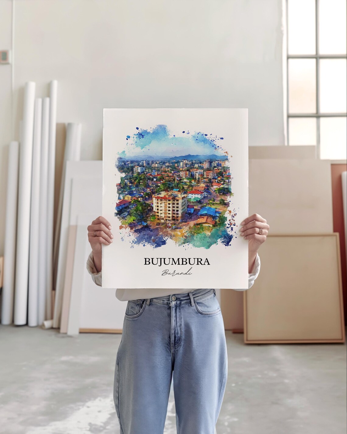 Bujumbura Burundi City Panorama Watercolor Aerial Travel Poster - Image 4