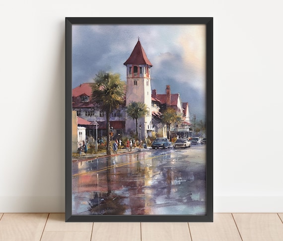 Saint Augustine Florida Historic Street Scene Watercolor Travel Poster