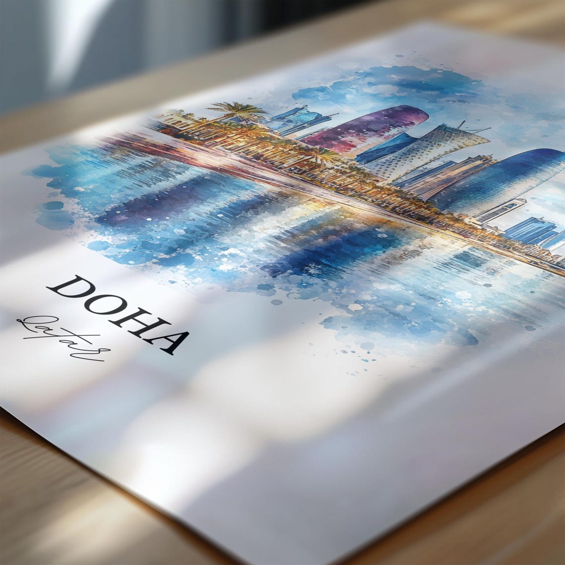 Doha Qatar Waterfront Modern Skyline Watercolor Travel Poster - Image 6