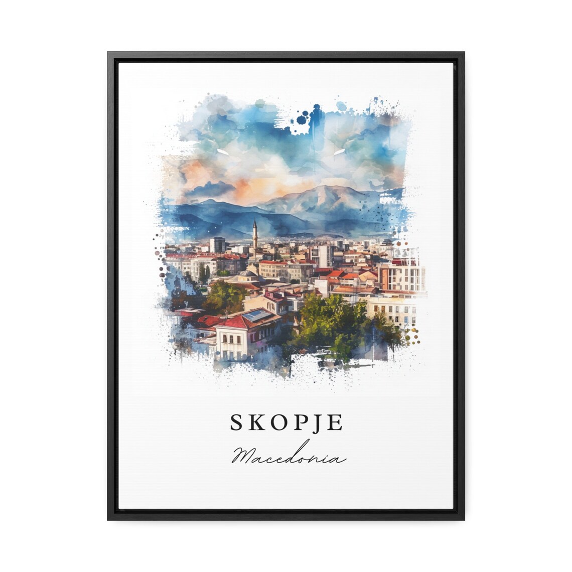 Skopje Macedonia City Skyline Mountain Watercolor Travel Poster - Image 2