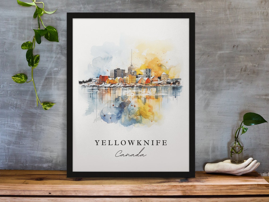 Yellowknife Canada Waterfront Town Reflection Watercolor Poster