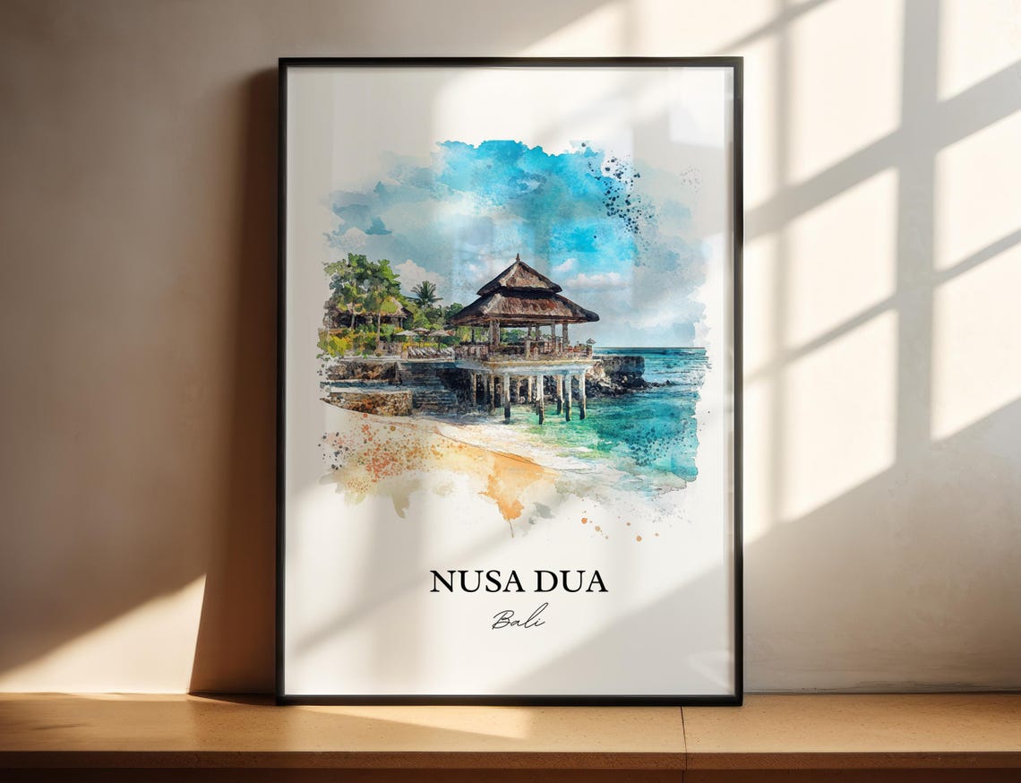 Nusa Dua Bali Watercolor Ocean Pavilion Sandy Beach Cove Poster