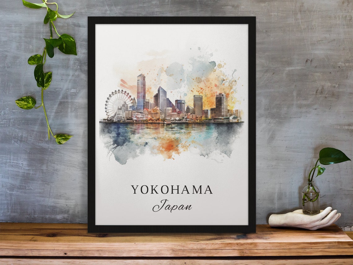Yokohama Japan Watercolor Art Harbor Skyline Ferris Wheel Poster - Image 2