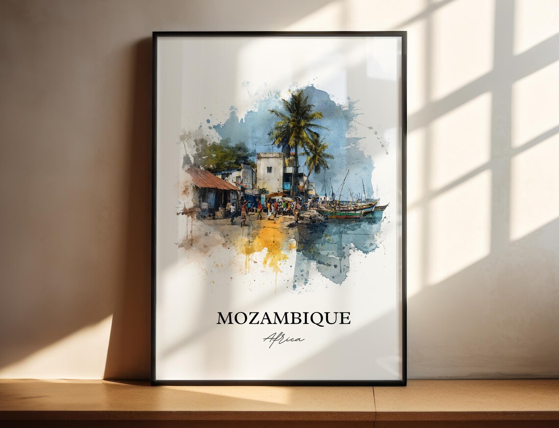 Mozambique Africa Palm Fishing Harbor Village Watercolor Poster