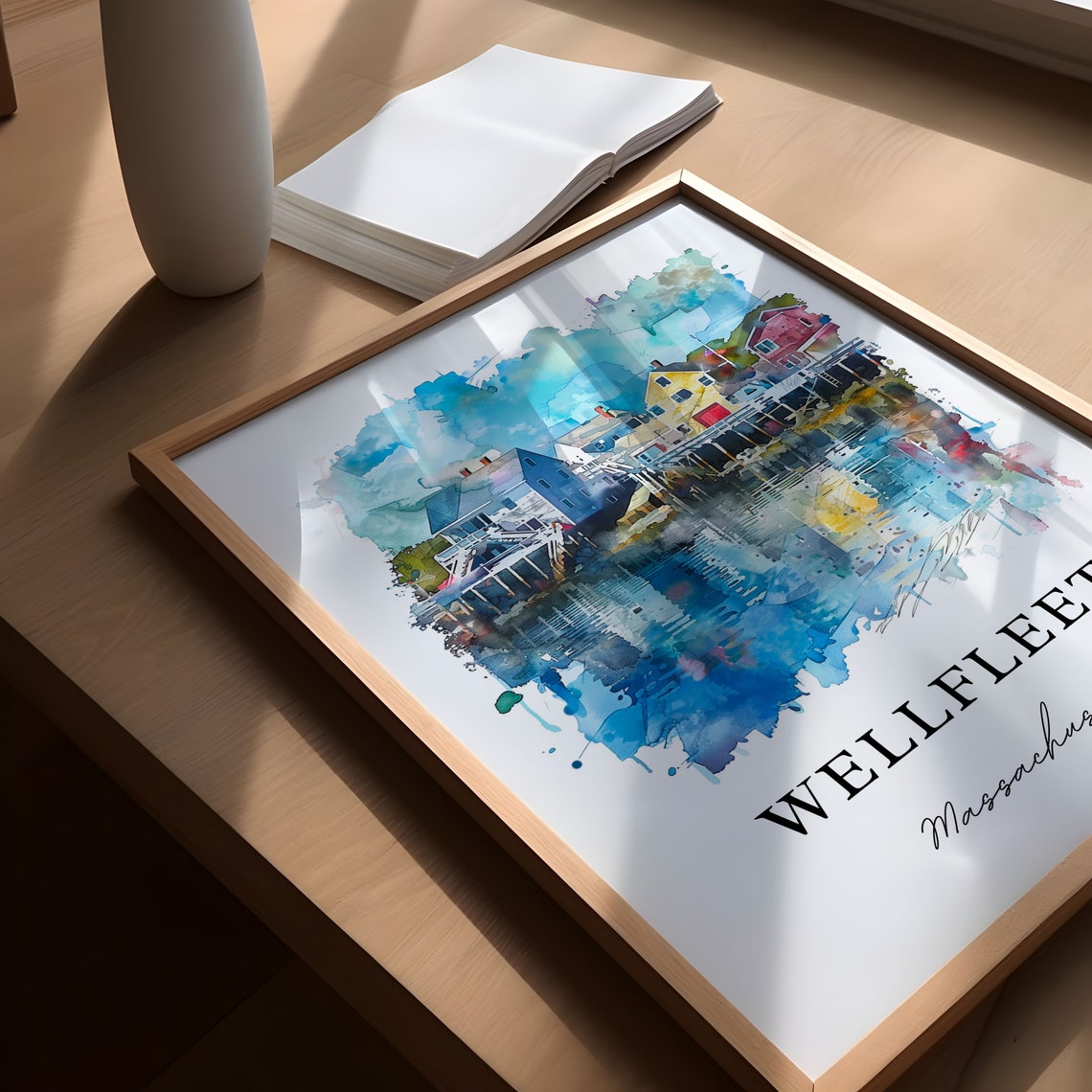 Wellfleet Massachusetts Watercolor Harbor Houses Scene Art Poster - Image 5