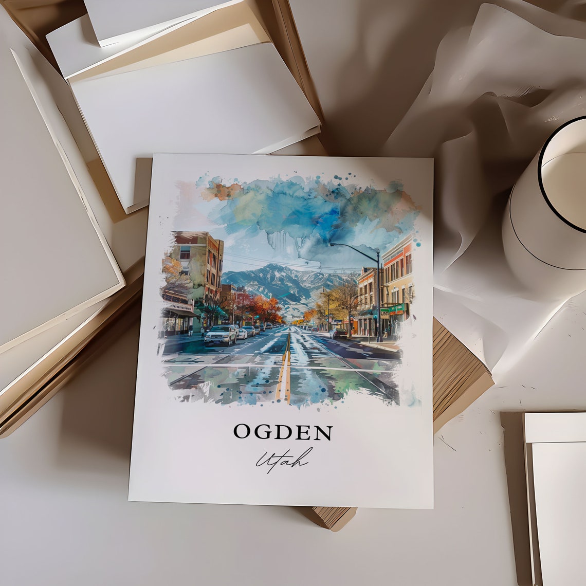 Ogden Utah Downtown Street Snowy Mountain Watercolor Cityscape Poster - Image 6