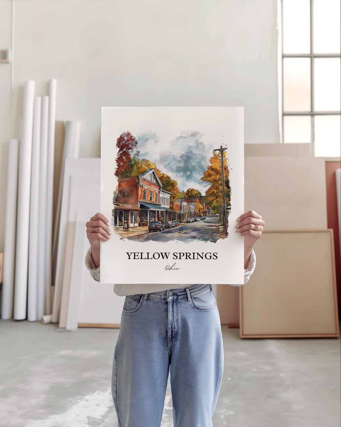 Yellow Springs Ohio Downtown Fall Colors Watercolor Travel Poster - Image 3