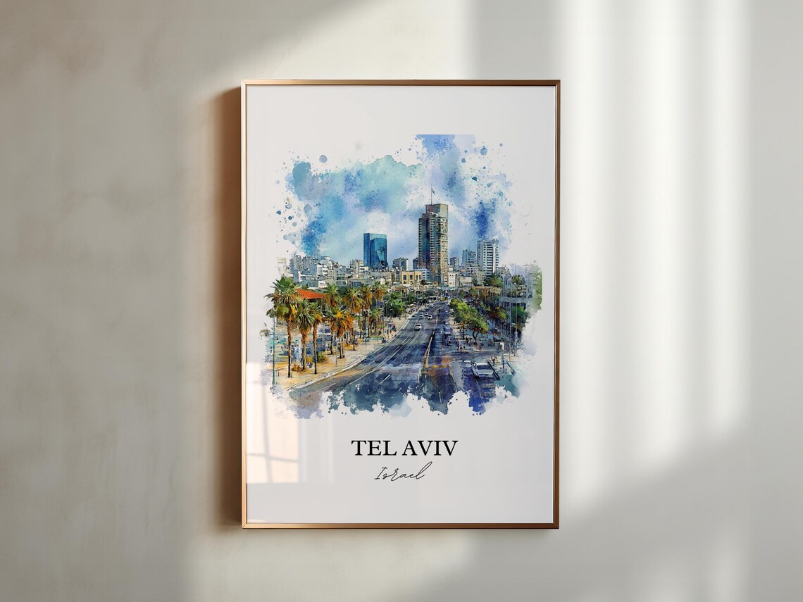 Tel Aviv Israel Watercolor Palm Avenue City Skyline Travel Poster - Image 4
