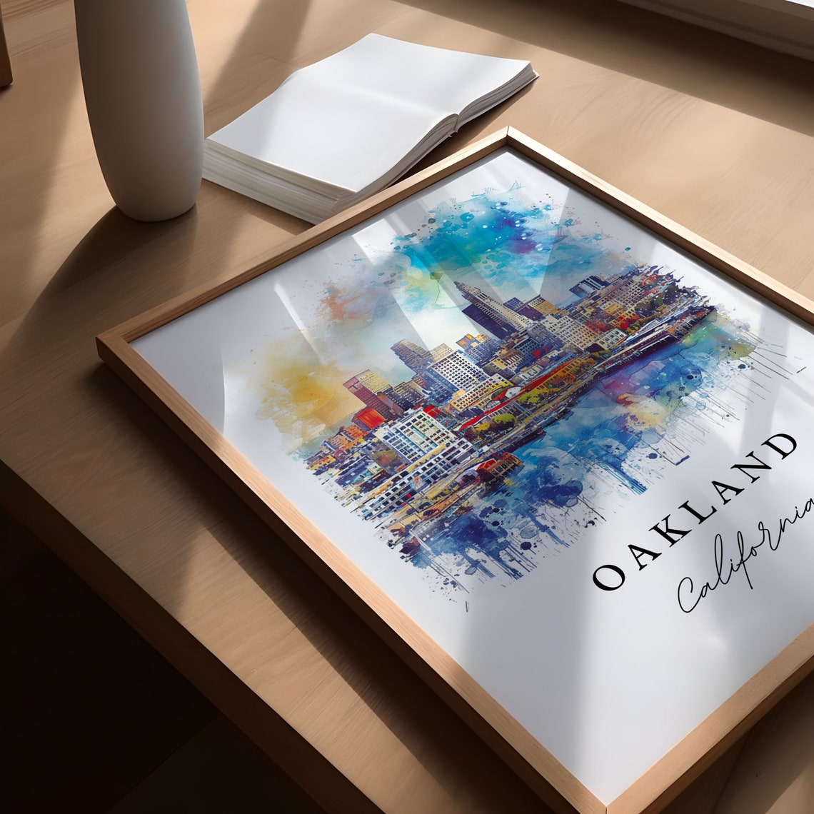 Oakland California Downtown Skyline Waterfront Watercolor Poster - Image 5