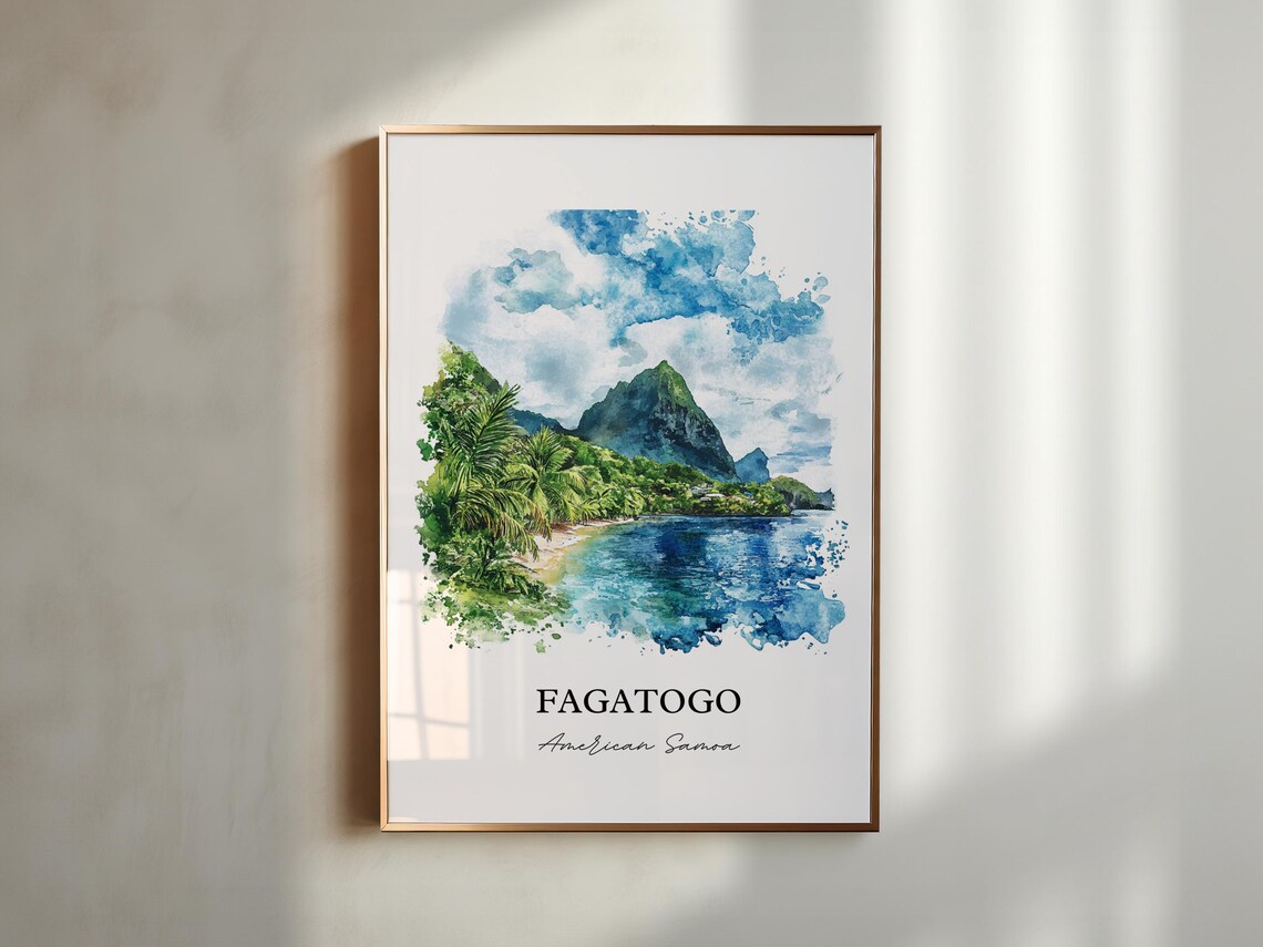 Fagatogo American Samoa Lush Peaks Bay Palm Watercolor Poster - Image 6