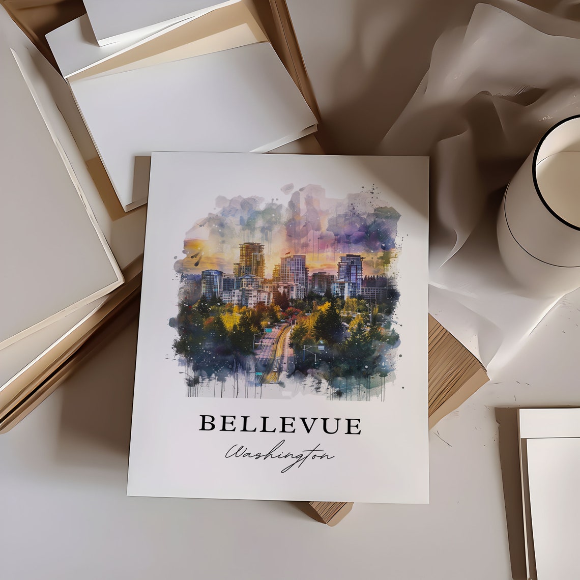 Bellevue Washington Watercolor Downtown Skyline Sunset Poster - Image 6