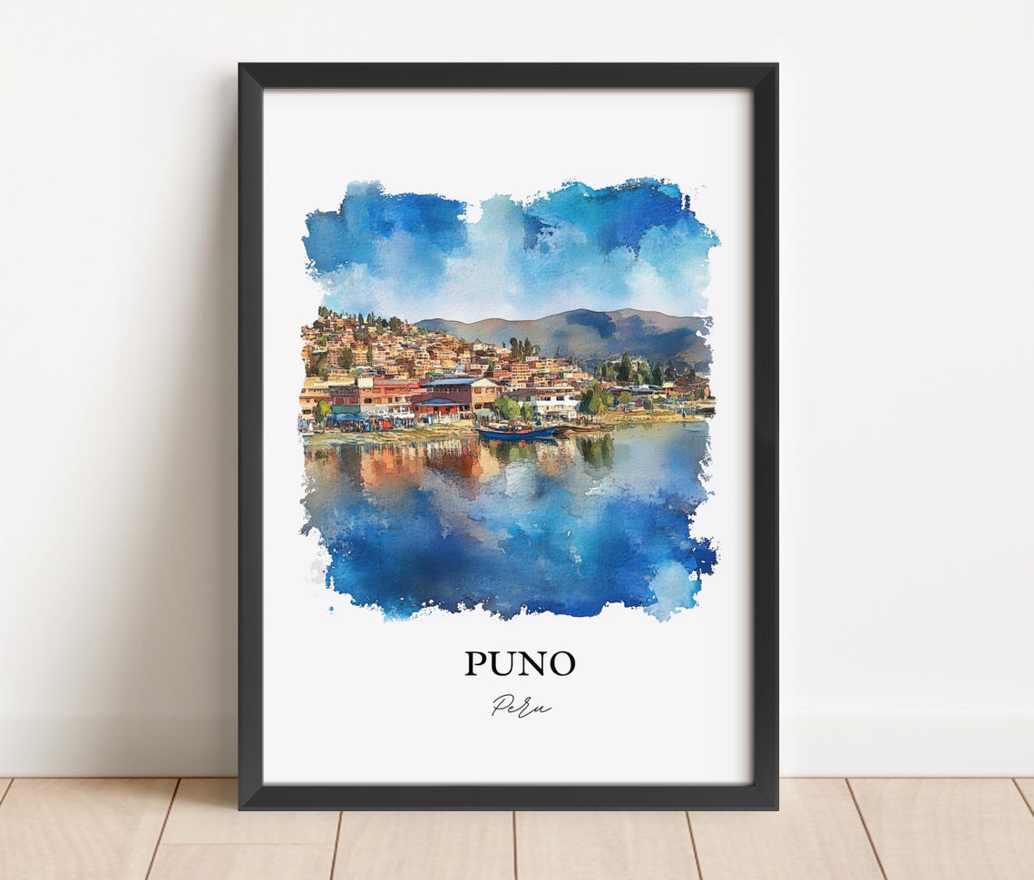 Puno Peru Watercolor Lake Titicaca Hillside Town Reflection Poster - Image 4