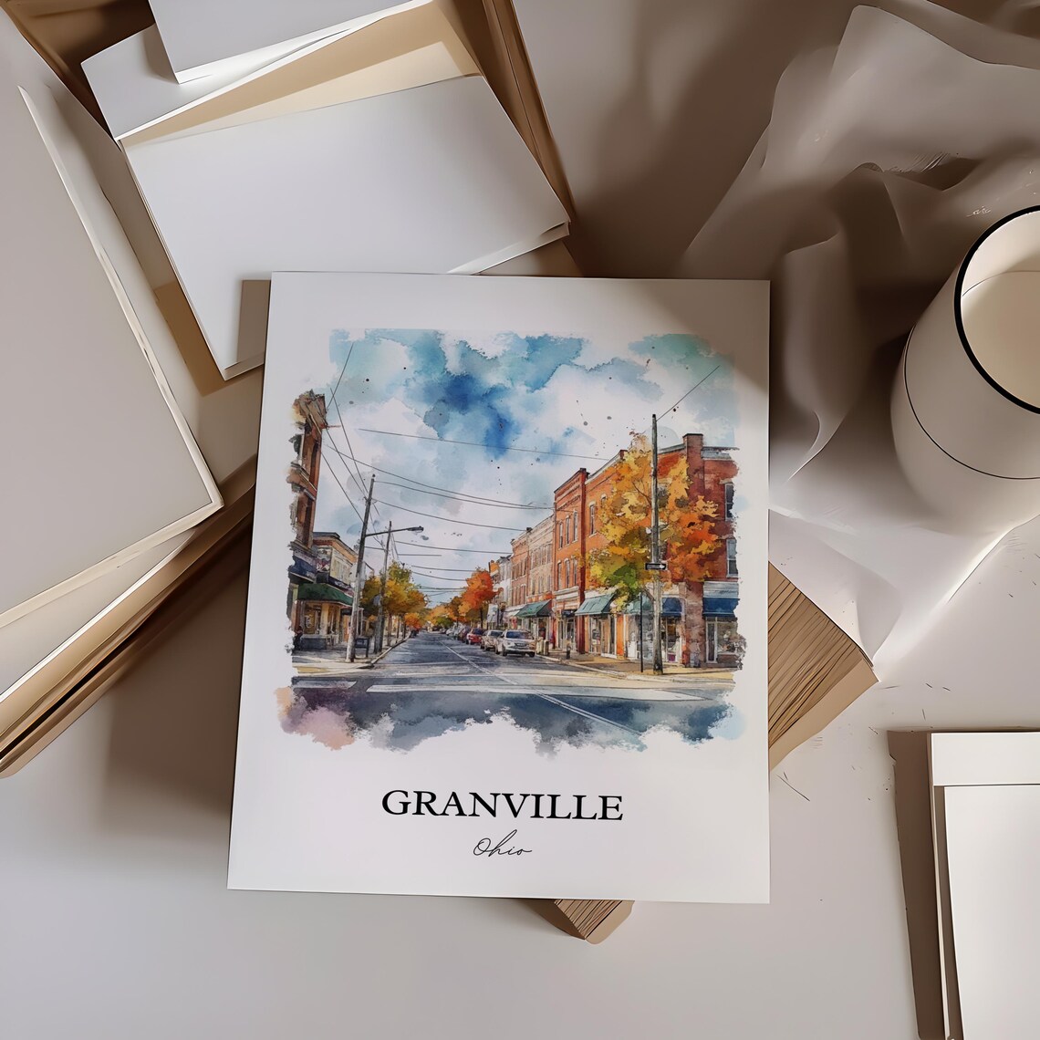 Granville Ohio Watercolor Main Street Autumn Charm Travel Poster - Image 2