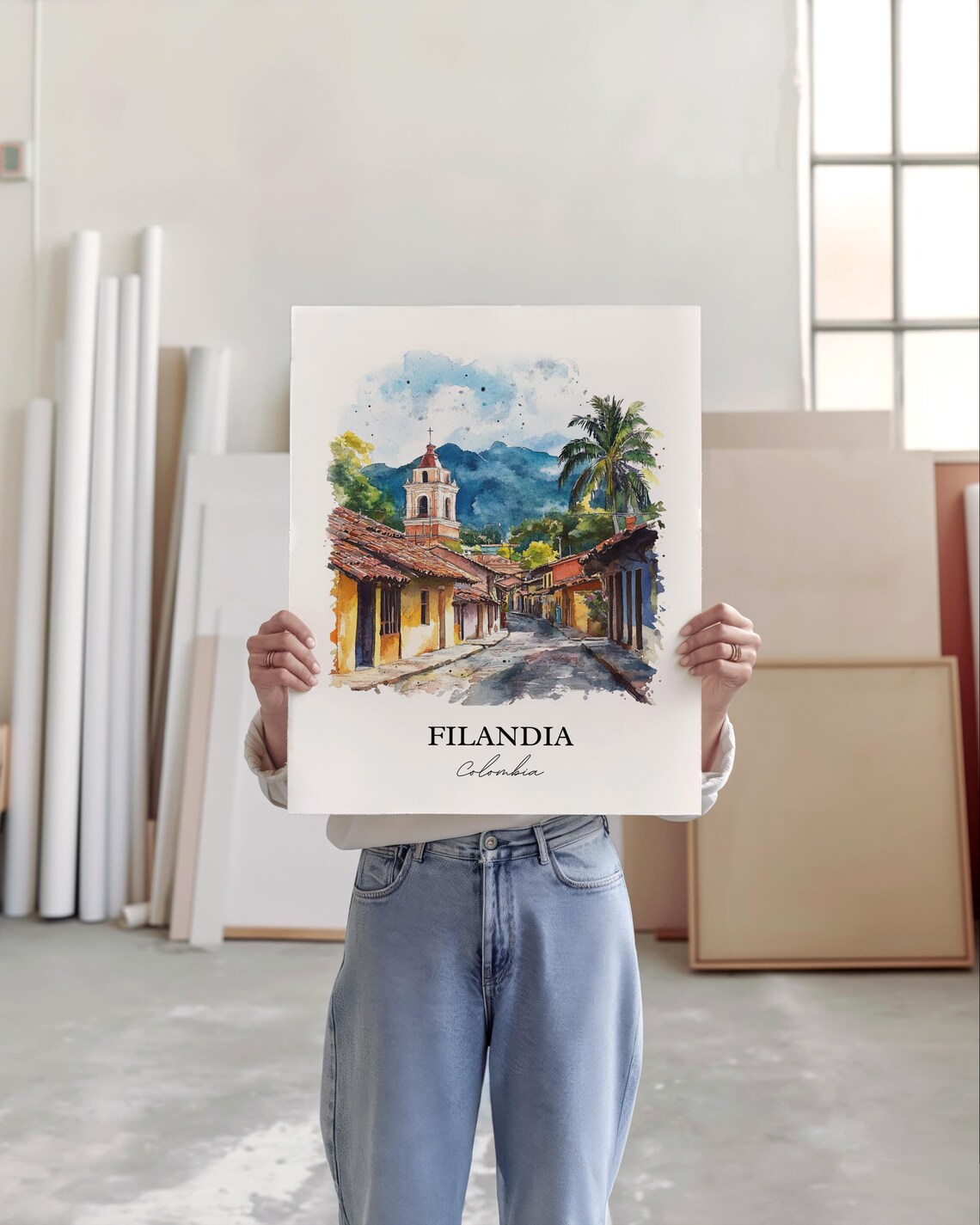 Filandia Colombia Cobblestone Street Church Tower Watercolor Poster - Image 5