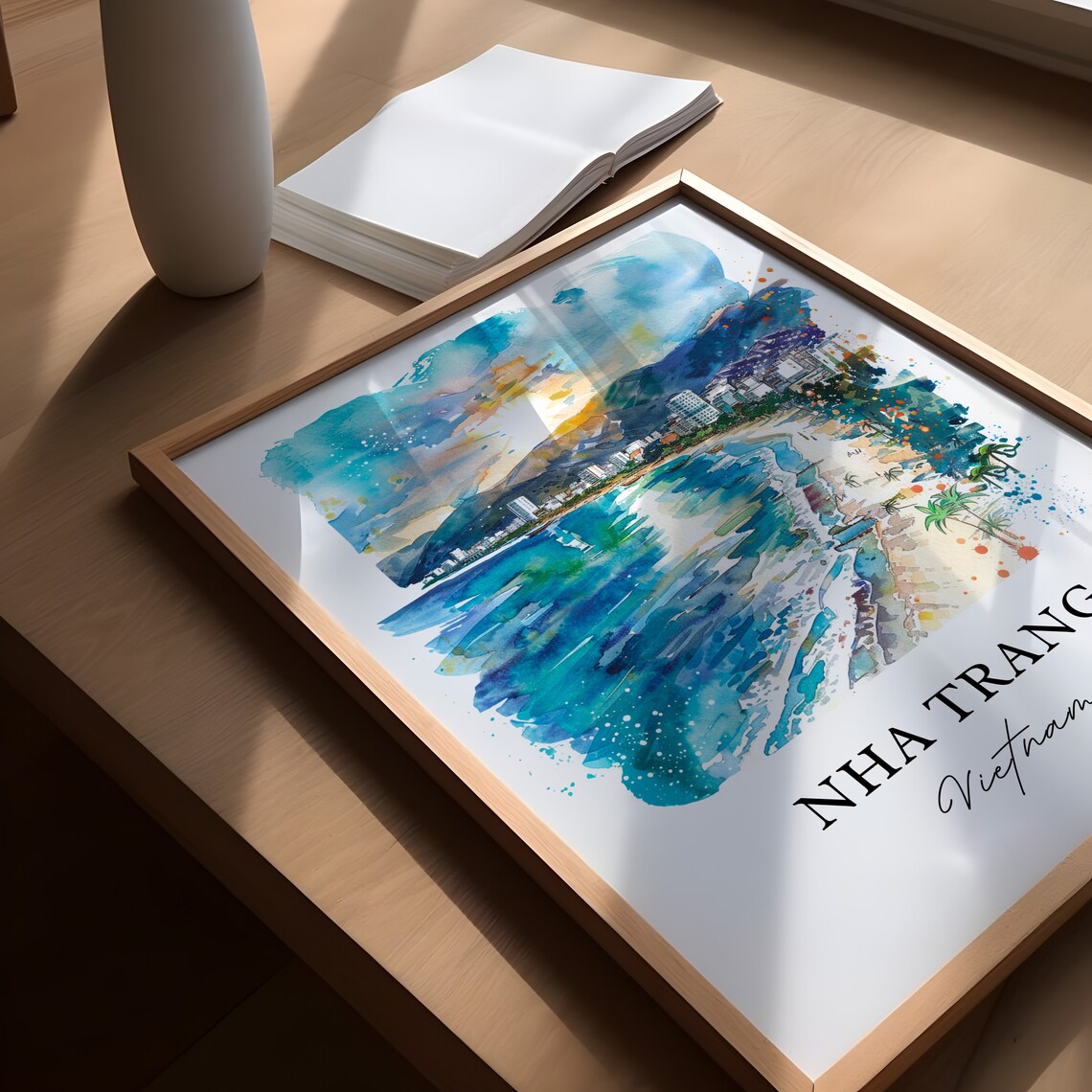 Nha Trang Vietnam Watercolor Turquoise Beach Bay Scene Poster - Image 5
