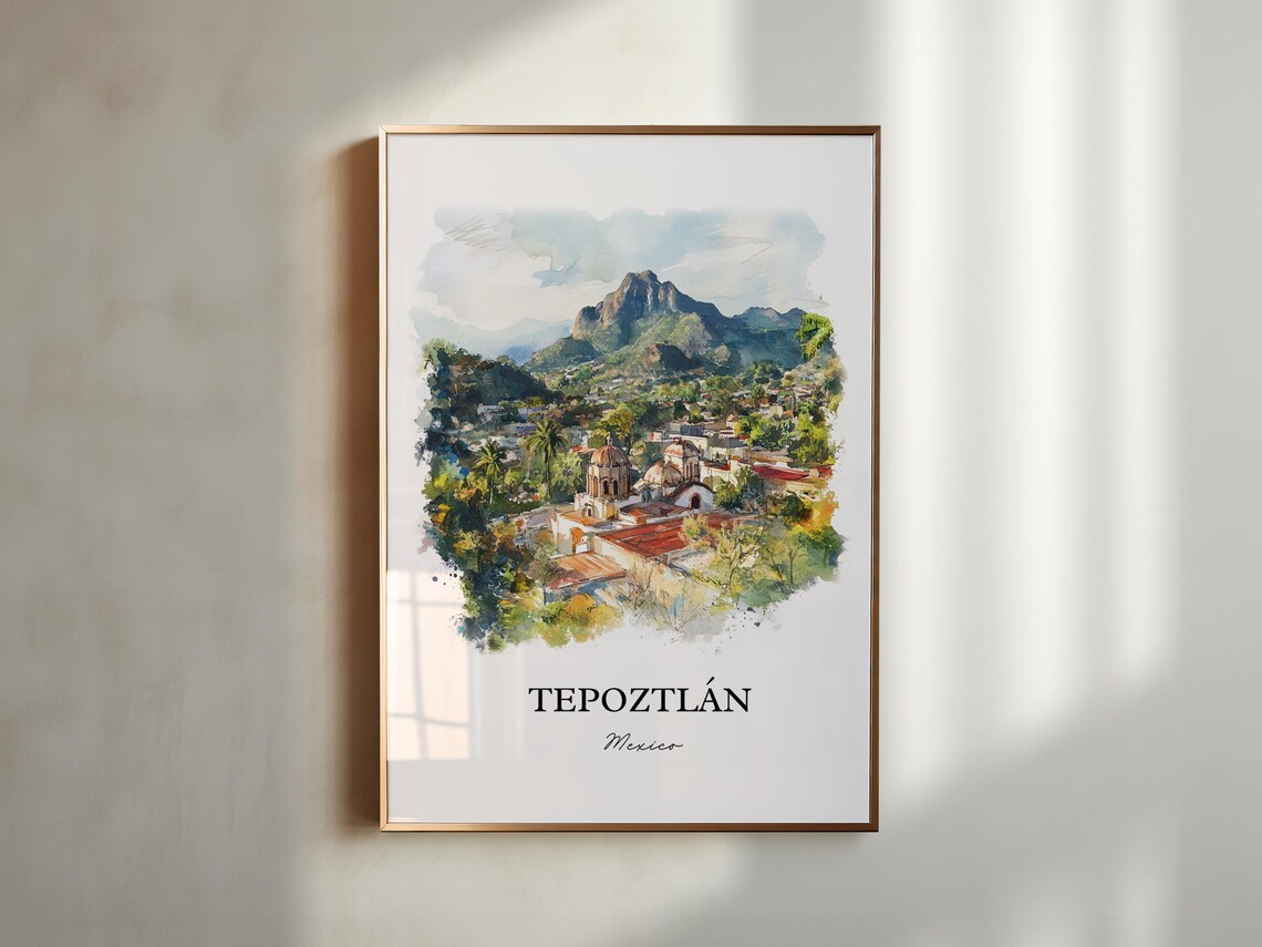 Tepoztlan Mexico Tepozteco Mountain Church Watercolor Scenic Poster - Image 2