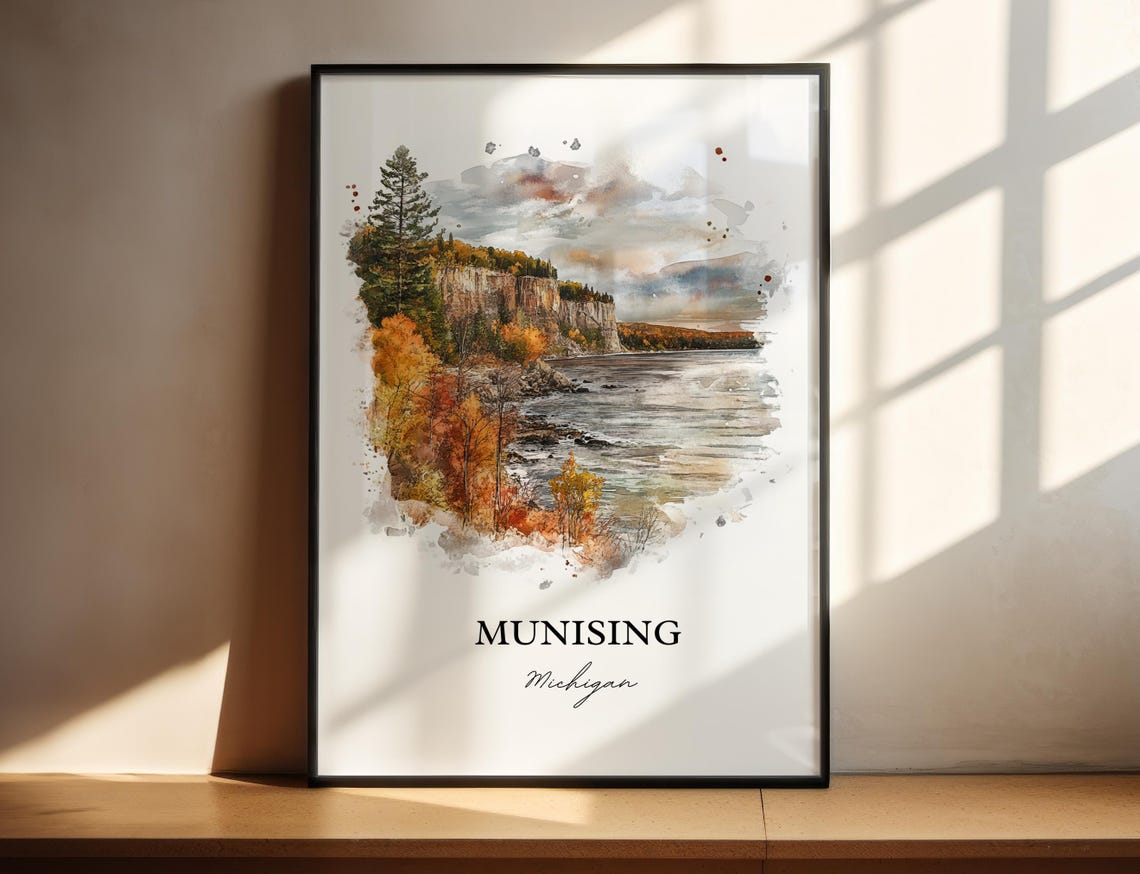 Munising Michigan Watercolor Fall Cliffs Lakeshore Art Poster - Image 5