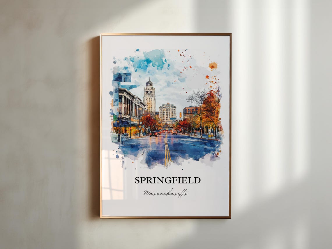 Springfield Massachusetts Watercolor Downtown Fall Scene Art Poster - Image 3