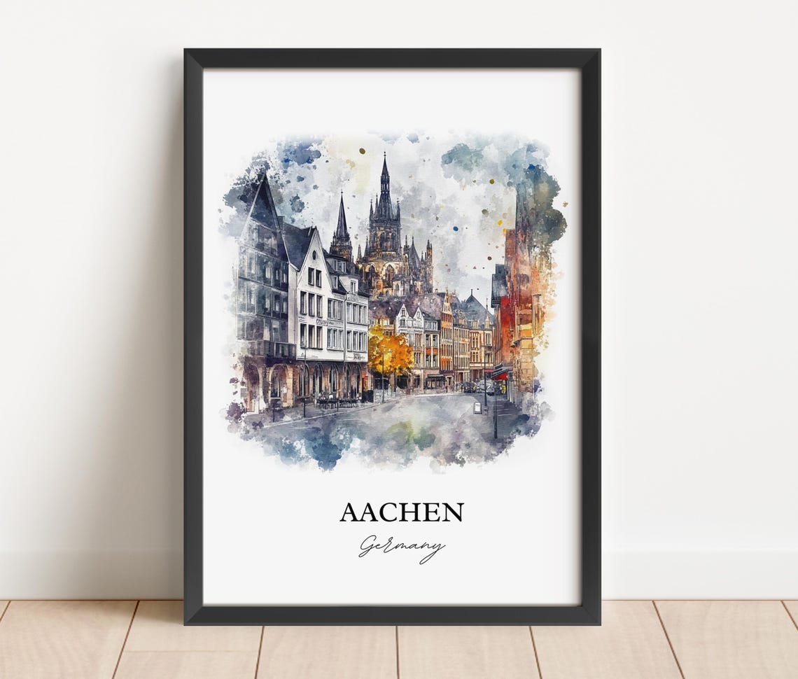 Aachen Germany Gothic Cathedral Square Watercolor Travel Poster - Image 5