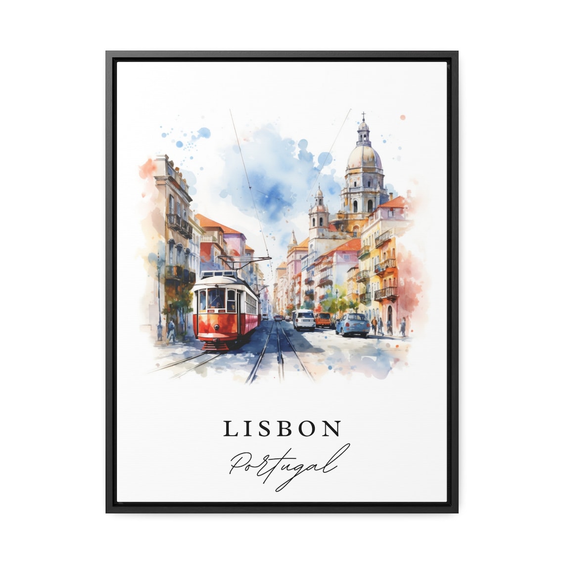 Lisbon Portugal Watercolor Red Tram Street Grand Church Poster