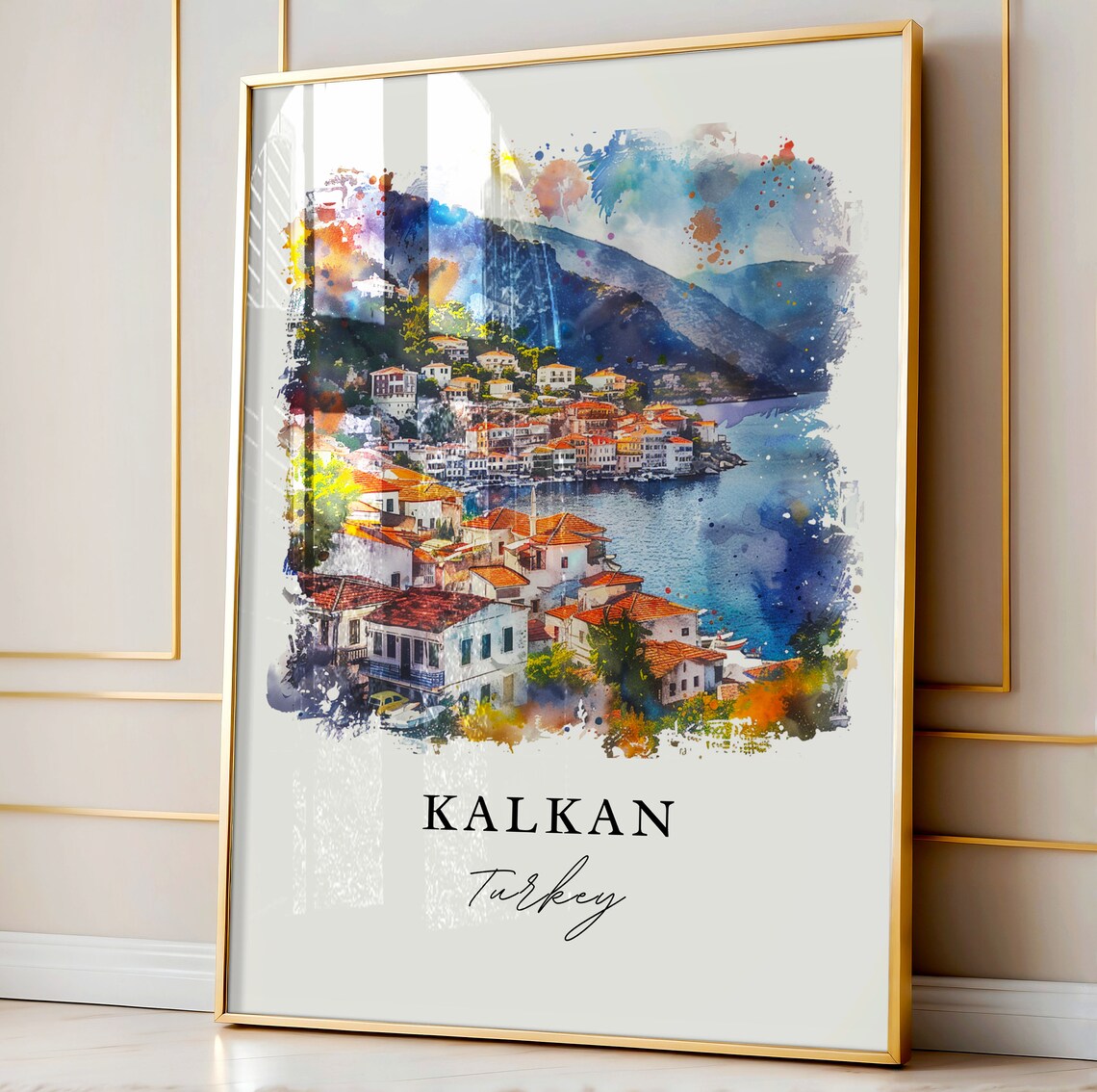 Kalkan Turkey Watercolor Coastal Village Blue Bay Travel Poster - Image 4