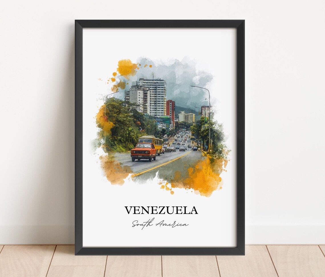 Venezuela South America Bustling City Avenue Watercolor Poster - Image 2
